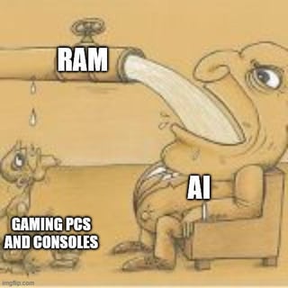 A meme featuring a large, anthropomorphic character labeled 'AI' sitting on a chair, drinking from a pipe marked 'RAM'. Below this character, a smaller figure labeled 'GAMING PCS AND CONSOLES' looks upward, appearing diminutive in comparison. The artwork uses simple, cartoonish线条 to convey a humorous commentary on AI's perceived consumption of system resources (RAM) while traditional gaming hardware is overshadowed.