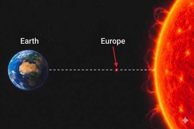 This is a humorous exaggerated meme about extreme summer heatwaves in Europe. The image depicts outer space with the full planet Earth positioned on the left side, and the extremely hot glowing Sun on the far right side. A dashed white line runs between the Earth and the Sun, and a small glowing red dot marked 'Europe' with a red arrow is placed extremely close to the Sun, far away from the Earth. This visual gag exaggerates the experience of record high temperatures in Europe during heatwaves, jokingly implying that the region feels so hot it has drifted almost all the way to the Sun.