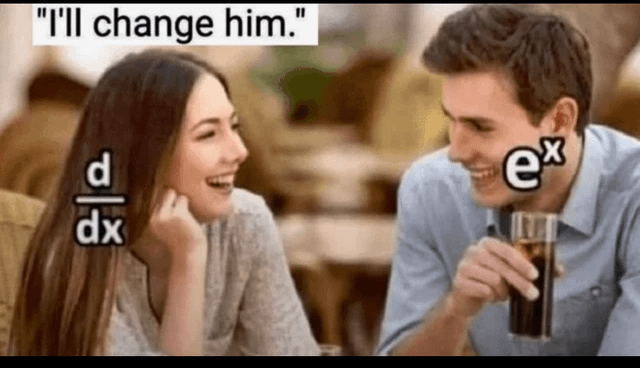 A meme image depicting a man and a woman sitting at a table, smiling at each other in a casual setting. The top text overlay reads 'I'll change him.' On the woman's side, the mathematical symbol 'd/dx' (representing the derivative operator in calculus) is displayed, while on the man's side, the expression 'e^x' (the exponential function) is shown. The humor relies on a calculus pun: the derivative of e^x with respect to x is e^x itself, meaning the woman (symbolized by the derivative operator) cannot 'change' the man (symbolized by e^x), as he remains mathematically unchanged after differentiation.
