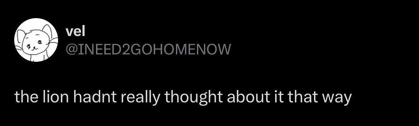 This is a cropped screenshot of a public X (formerly Twitter) post from user with display name 'vel' and handle @INEED2GOHOMENOW, whose profile picture is a simple white line drawing of a small smiling cat on a circular background. The post text reads 'the lion hadnt really thought about it that way', an absurd, context-free sentence that is used as a flexible reaction meme. It is typically deployed when someone encounters an unexpected new perspective, surprising hot take, or recontextualizing piece of information that makes them reconsider their previous stance on a subject, personifying the reacting person as the lion who had never considered that angle before.