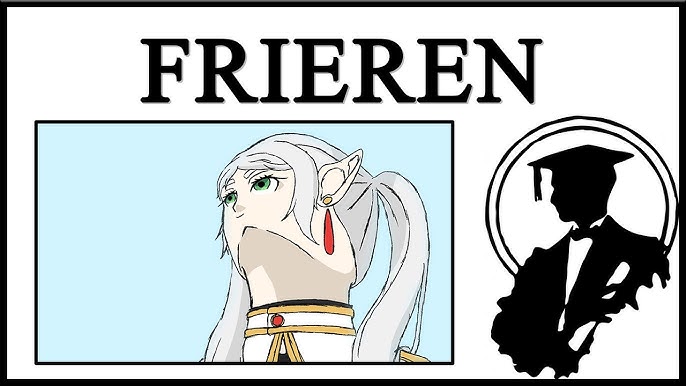 The image features a portrait of the animated character Frieren from the anime 'Frieren: Beyond Journey's End'. At the top, the text 'FRIEREN' is displayed in bold black letters. To the right of Frieren's portrait is a black silhouette of a person wearing a graduation cap and gown, standing with arms crossed. Frieren has long white hair tied in a ponytail, green eyes, and wears a white outfit with gold and red accents, including a red earring. The background of her portrait is a light blue rectangle.