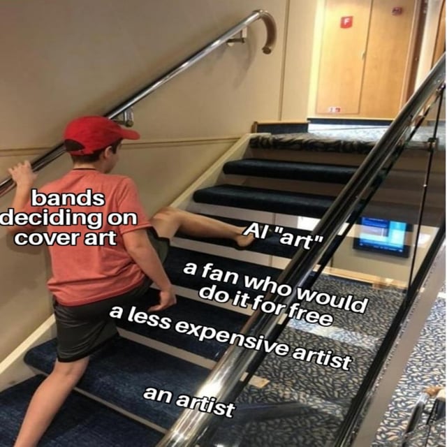 A meme image featuring a young boy in a red cap and orange shirt climbing a staircase. The boy is shown reaching for a higher step labeled 'AI "art"' while lower steps are labeled 'a fan who would do it for free', 'a less expensive artist', and 'an artist'. The top left text reads 'bands deciding on cover art', using the staircase as a metaphor to criticize bands choosing AI-generated art over human artists or fans who could create cover art for free or less cost.