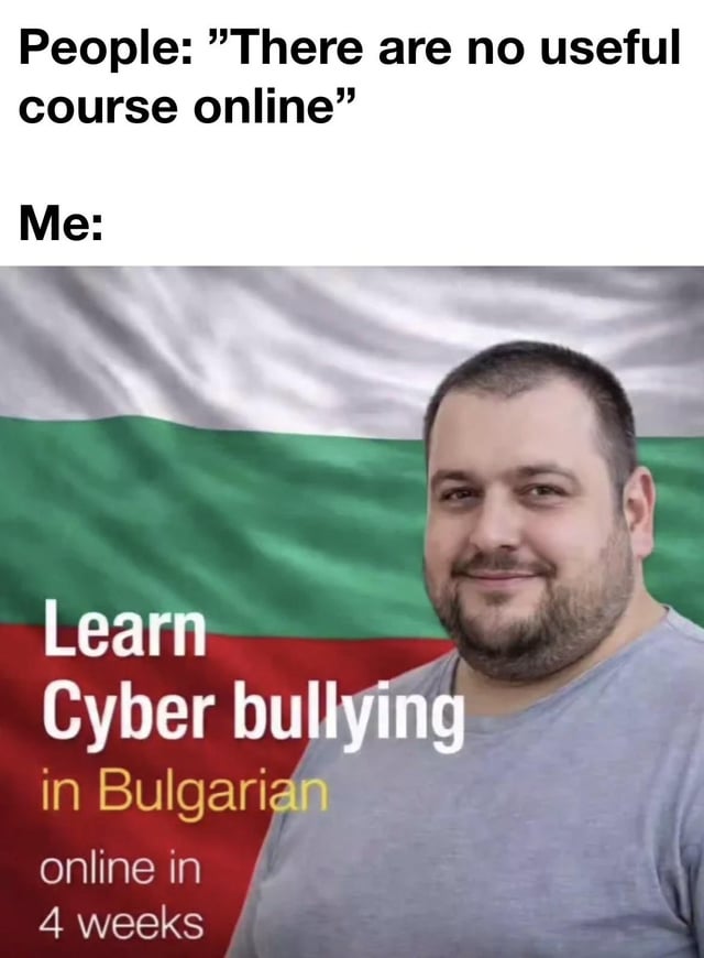A two-panel satirical meme. The top panel contains text: 'People: "There are no useful course online" Me:'. The bottom panel features a real man with a beard, wearing a gray shirt, standing in front of the Bulgarian flag (green, white, red horizontal stripes). Overlaid on the bottom panel is the text: 'Learn Cyber bullying in Bulgarian online in 4 weeks'. The humor arises from irony: presenting an unethical and absurd 'useful course' (cyber bullying) in an obscure language (Bulgarian) as a response to the claim that there are no useful online courses.