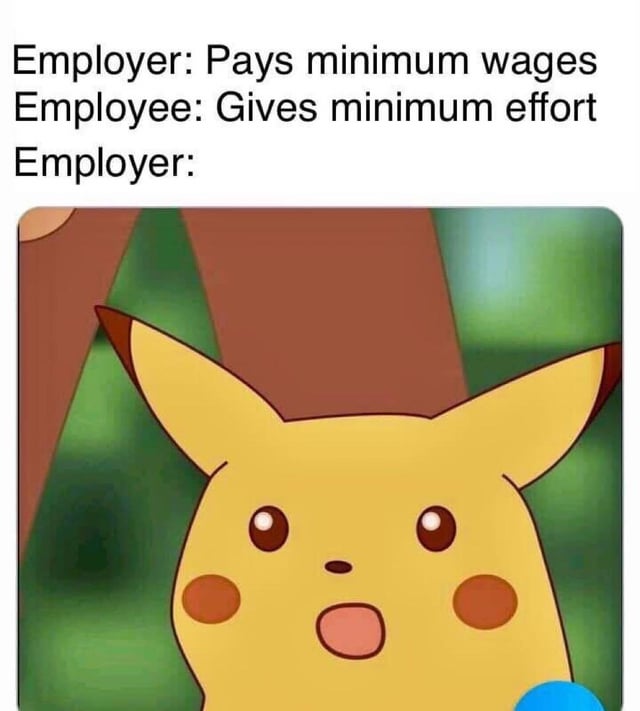 A meme featuring a dialogue between an employer and employee about minimum wage dynamics. The text at the top reads: 'Employer: Pays minimum wages', 'Employee: Gives minimum effort', followed by 'Employer:' with no additional text. Below the text is an image of Pikachu, a yellow electric-type Pokémon, displaying a surprised expression with its mouth open and ears perked, implying the employer's shocked reaction to the employee's reciprocal minimum effort response.