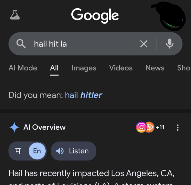 A screenshot of a Google Search results page. The search bar contains the query 'hail hit la'. Below the search bar, Google's autocomplete feature displays the suggestion 'Did you mean: hail hitler'. Further down, an 'AI Overview' section begins with text stating 'Hail has recently impacted Los Angeles, CA...', clarifying the user's likely intent to search for information about hail storms in Los Angeles (LA), while the autocomplete misinterpreted 'hit la' as 'hitler', creating an awkward and misleading suggestion.