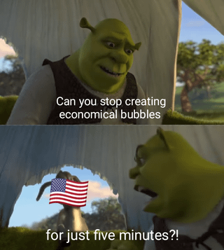 A two-panel meme using scenes from the animated film Shrek. The top panel shows Shrek with a slightly annoyed expression, saying 'Can you stop creating economical bubbles'. The bottom panel shows Shrek looking upward at a large American flag, continuing with 'for just five minutes?!' The background in both panels features a grassy, outdoor setting with trees, consistent with Shrek's swamp environment.