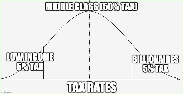 The image is a satirical line graph meme criticizing tax inequality. It features a peak labeled 'MIDDLE CLASS (50% TAX)' at the center, with the left side labeled 'LOW INCOME 5% TAX' and the right side labeled 'BILLIONAIRES 5% TAX'. The bottom of the graph reads 'TAX RATES'. The visual implies that the middle class bears a disproportionately high tax burden (50%) compared to both low-income individuals and billionaires (each 5%), using exaggeration to critique perceived unfairness in tax distribution.