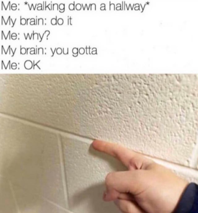 The meme consists of two parts: a top text dialogue and a bottom photograph. The text dialogue humorously depicts an internal conversation where 'Me' (while walking down a hallway) is prompted by 'My brain' to 'do it' (with no explicit reason), leading 'Me' to agree. The bottom photograph shows a close-up of a hand pointing at or touching a textured, likely cinder block wall, visually representing the action referenced in the dialogue. The meme playfully captures the relatable human experience of succumbing to random, unexplained urges to interact with everyday objects like textured walls.