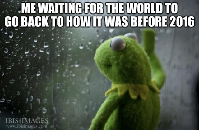 This meme features the Kermit the Frog Muppet character facing a rain-streaked, foggy window, looking out wistfully at the rainy weather outside. Bold white text is overlaid at the top of the image, reading 'ME WAITING FOR THE WORLD TO GO BACK TO HOW IT WAS BEFORE 2016'. The meme expresses widespread relatable nostalgia for the time period before 2016, which many people perceive as a simpler, more positive era before a series of major global cultural, social, and political shifts that occurred after 2016. The rainy window setting matches the melancholic, longing tone of the text, leaning into the established usage of this Kermit template to convey wistful or sad relatable feelings.