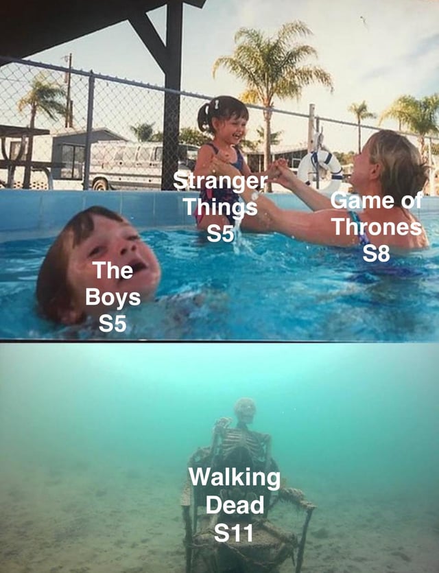 This is a two-panel satirical meme arguing that the Breaking Bad series finale is unmatched in quality compared to poorly received later/final seasons of other popular TV shows. The top panel shows a public swimming pool: a struggling half-submerged boy is labeled 'The Boys S5', a happy girl held above water by a woman is labeled 'Stranger Things S5', and the woman holding her is labeled 'Game of Thrones S8', ranking these three disappointing seasons from worst to least bad in the eyes of fans. The bottom panel shows a skeleton sitting on a chair fully submerged at the pool bottom, labeled 'Walking Dead S11', implying this final season was received far more negatively than all the others shown. The core joke is that all listed seasons are widely considered letdowns, and none of them come close to the universal acclaim of Breaking Bad's finale.
