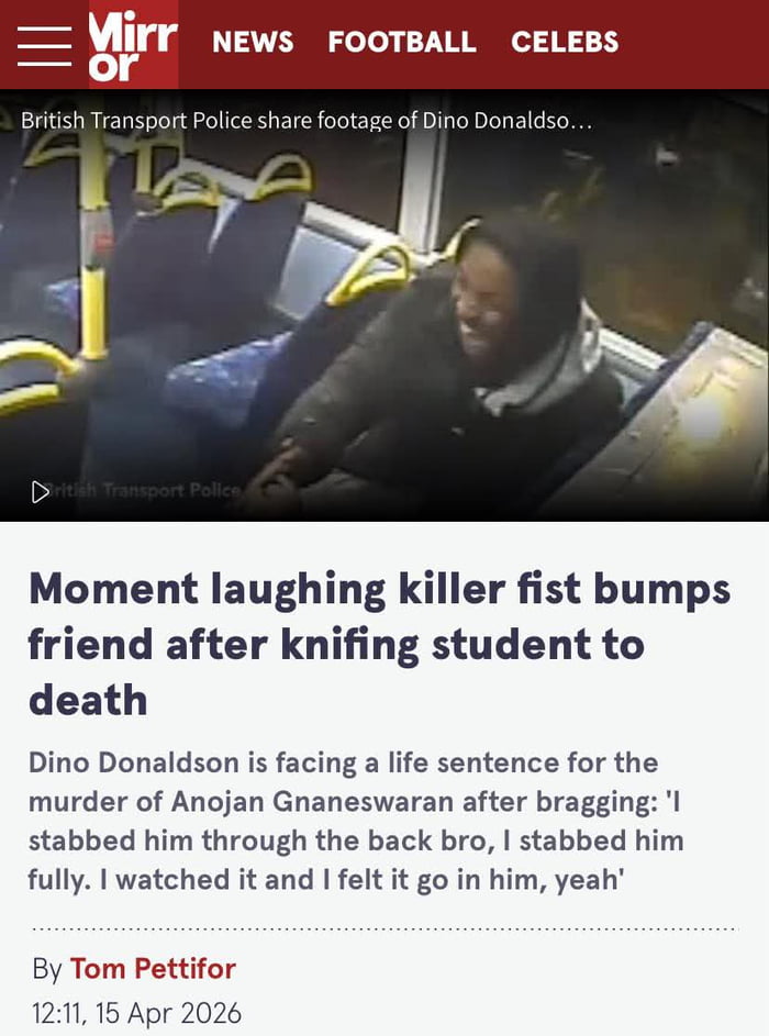 This 9Gag meme titled 'Fatigue' uses a screenshot of a UK Mirror news article featuring British Transport Police CCTV footage from a public bus. The footage shows convicted murderer Dino Donaldson laughing shortly after he stabbed a student to death, as detailed in the accompanying article headline and text describing his confession and upcoming life sentence. The meme operates as dark relatable humor, using Donaldson's overtired/overly amused facial expression as a stand-in for the feeling of extreme fatigue, completely decoupled from the original serious criminal context of the source image.