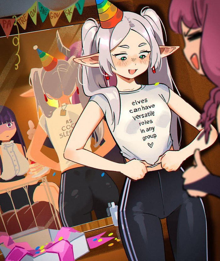 An animated illustration of a white-haired elf girl celebrating at a festive party. She has pointed ears, green eyes, and wears a rainbow-striped party hat. Her white t-shirt displays the text 'elves can have versatile roles in any group ♥' in black font. She is blushing, smiling widely, and adjusting the hem of her shirt with both hands. She pairs the shirt with black Adidas-style track pants featuring white stripes. In the background, a mirror reflects her image and another character with purple hair. The scene includes party decorations: colorful triangular banners (partially readable text includes 'PA', 'TRE', 'GOV', 'SK') and scattered confetti on the floor. A third character with dark hair is visible near a table, holding a plate, possibly with cake. The atmosphere is lively and cheerful, emphasizing a celebratory fantasy setting.