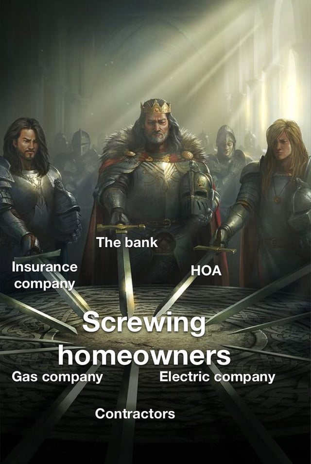 A fantasy-style meme image depicting a medieval scene with three prominent armored figures (a central king-like character flanked by two others) standing with swords pointed downward toward a circular table. The swords are labeled with various entities: 'The bank', 'Insurance company', 'HOA', 'Gas company', and 'Electric company'. At the center of the table, large bold text reads 'Screwing homeowners'. The background features a dimly lit, cathedral-like setting with additional armored figures in the distance, creating a dramatic, oppressive atmosphere. The meme uses this medieval imagery to metaphorically represent the collective financial and logistical burdens faced by homeowners, portraying these institutions as united in 'screwing' or oppressing homeowners.