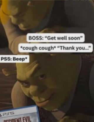 This is a sarcastic, relatable meme using an image of Shrek looking down at a PS5 copy of *Resident Evil*. The text bubbles set up a scenario: a sick worker receives a 'get well soon' wish from their boss, the sick worker thanks them weakly while coughing, then the PS5 beeps to demand the worker play it. The meme's title makes a pun between 'Resident Evil' and 'Requiem' (a funeral mass for the dead), implying the sick person would rather die (and need a requiem) than recover to go back to work, choosing to play video games instead.