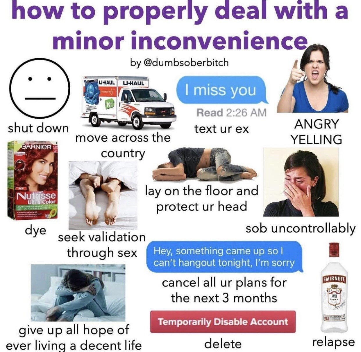 This is a sarcastic, relatable meme that humorously highlights the common tendency for people to have wildly disproportionate, extreme reactions to small, minor inconveniences. It presents a list of absurdly drastic actions paired with matching visuals as satirical 'proper' ways to handle small frustrations: the responses include emotionally shutting down, moving across the entire country via U-Haul, texting an ex, yelling angrily, dying your hair, seeking validation through sex, lying on the floor to protect your head, sobbing uncontrollably, giving up all hope of having a good life, canceling all plans for 3 months, temporarily disabling your social media account, and relapsing with alcohol. The core joke comes from the massive, absurd contrast between the trivial trigger of a 'minor inconvenience' and the extreme, life-altering responses listed.