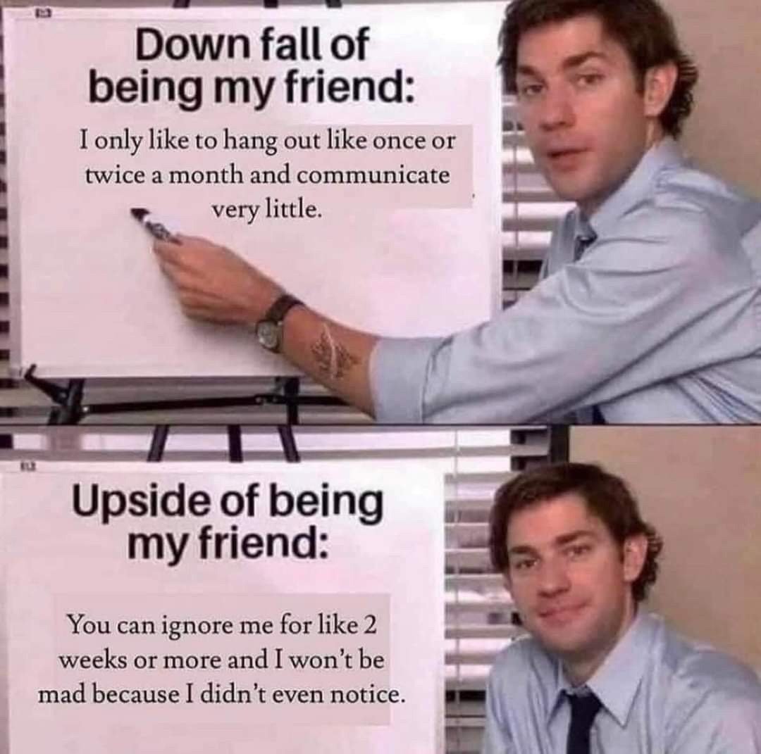 This is a two-panel relatable meme using the popular Jim Halpert from *The Office (US)* whiteboard presentation format. The top panel shows Jim pointing at a whiteboard listing the "Down fall of being my friend:" which states he only likes to hang out once or twice a month and communicates very infrequently. The bottom panel shows Jim smiling beside a whiteboard listing the "Upside of being my friend:" which notes that friends can ignore him for two weeks or more and he will not be upset, as he will not even notice the gap in communication. The joke humorously highlights common introverted personality traits, framing both the perceived negative and positive sides of being friends with a low-social-energy person.