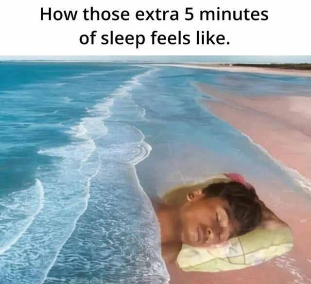 A humorous meme depicting the exaggerated bliss of an extra 5 minutes of sleep compared to a full 8 hours. The image shows a person peacefully asleep on a pink sandy beach with their head resting on a pillow, eyes closed, as gentle ocean waves lap around them. The serene beach setting symbolizes the extreme relaxation and contentment felt from a short, satisfying nap, contrasting with the implied lesser quality of a full night's sleep.