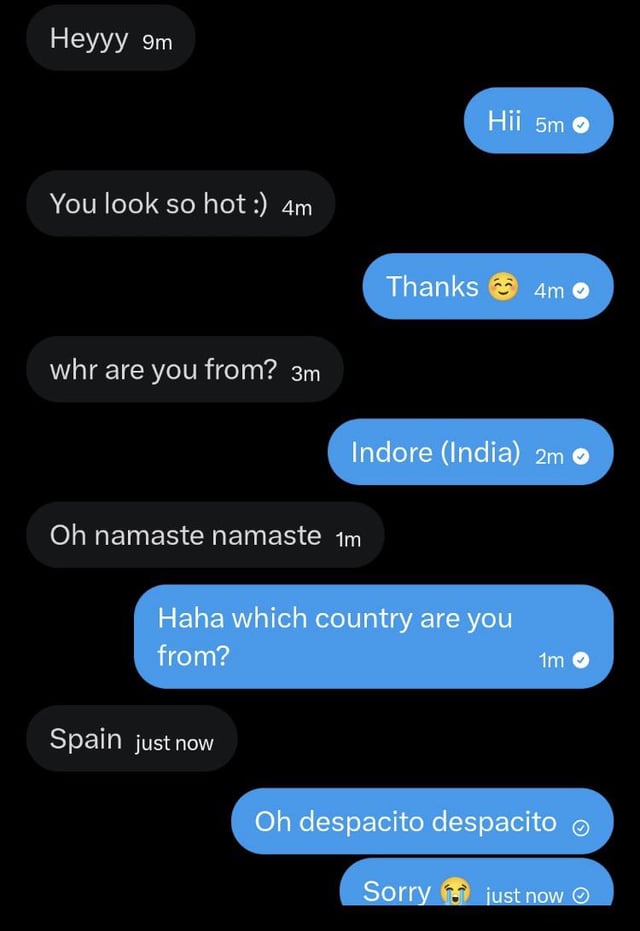 This meme is a screenshot of a casual instant messaging conversation between two people interacting online. The exchange starts with the first user greeting the second, complimenting their appearance, and asking for their location. When the second user shares they are from Indore, India, the first user replies with repeated 'namaste namaste', the widely known traditional Hindi greeting. After the second user asks where the first user is from and learns they are from Spain, they immediately reply with repeated 'despacito despacito' referencing the globally famous Spanish pop song, then quickly apologize with a crying laughing emoji. The joke revolves around the relatable, lighthearted awkwardness of people using the most recognizable cultural reference from another person's home country as a default, superficial greeting when interacting cross-culturally online.