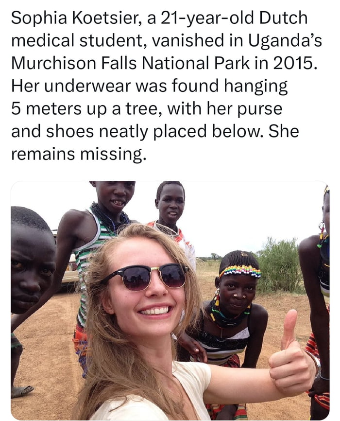 The image consists of a text block at the top and a photograph below. The text describes Sophia Koetsier, a 21-year-old Dutch medical student who vanished in Uganda's Murchison Falls National Park in 2015. It details the discovery of her underwear hanging 5 meters up a tree, with her purse and shoes neatly placed below, noting she remains missing. The photograph shows a group of people in a rural, outdoor setting with dirt ground and vegetation in the background; a woman (presumably Sophia) is in the foreground giving a thumbs-up gesture, smiling, and wearing sunglasses, surrounded by others.