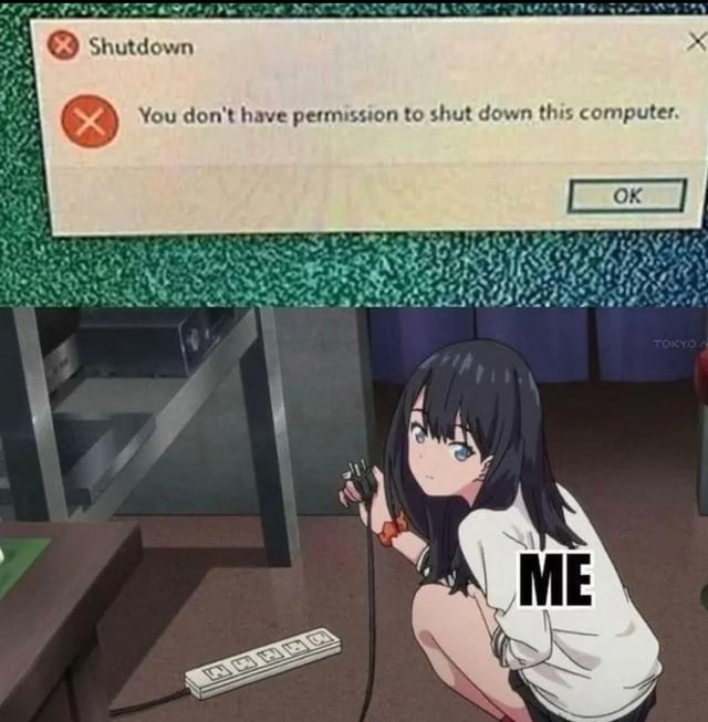 A two-panel meme. The top panel shows a computer error dialog box titled 'Shutdown' with the message 'You don't have permission to shut down this computer.' and an 'OK' button, set against a green textured background. The bottom panel features an anime-style girl labeled 'ME' crouching near a power strip, holding a plug with a determined expression, implying she will physically unplug the computer to bypass the permission restriction. The humor arises from the contrast between the system's digital restriction and the practical, physical workaround.