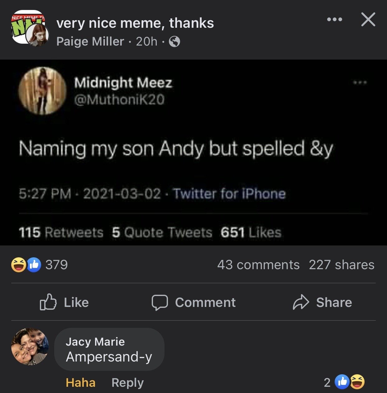 This image is a cross-platform social media screenshot meme. It captures a Facebook share of a 2021 Twitter post from user Midnight Meez (@MuthoniK20) that reads 'Naming my son Andy but spelled &y', setting up a wordplay joke using the ampersand (&) symbol. A comment under the Facebook share from user Jacy Marie replies 'Ampersand-y', which delivers the pun punchline: 'ampersand-y' is pronounced nearly identically to 'Andy', making the unusual spelling a lighthearted silly joke. The Facebook sharer Paige Miller captioned the post 'very nice meme, thanks', and engagement metrics for both the original tweet and the Facebook share are visible on the screenshot.