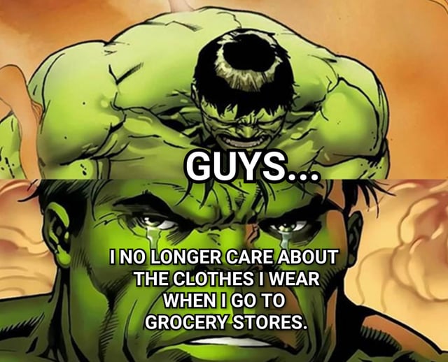 The meme features two panels of the Hulk from Marvel Comics. The top panel shows a close-up of Hulk's upper head with a frustrated, aggressive expression, accompanied by the text 'GUYS...'. The bottom panel is a close-up of Hulk's face with tears in his eyes, displaying a sad demeanor, and the text 'I NO LONGER CARE ABOUT THE CLOTHES I WEAR WHEN I GO TO GROCERY STORES.' The humor stems from the contrast between Hulk's typically intense, powerful persona and his relatable, mundane frustration about prioritizing comfort over appearance during routine errands like grocery shopping.
