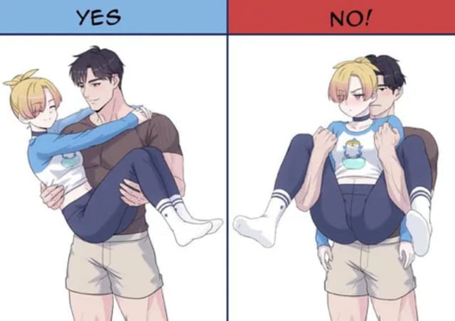 This is a two-panel comic meme that makes a funny visual joke about how a 'back bridal carry' can be misinterpreted. The left blue panel labeled 'YES' shows the standard, proper front bridal carry: a tall muscular man holds a smaller blonde person correctly in his arms, with both people looking comfortable and happy. The right red panel labeled 'NO!' shows the absurd wrong interpretation when someone tries to do a bridal carry from behind: the person being carried is flipped around, with their butt sitting on the carrier's front and their head positioned behind the carrier, creating a bizarre anatomically incorrect and funny result that plays on misinterpretation of positioning.