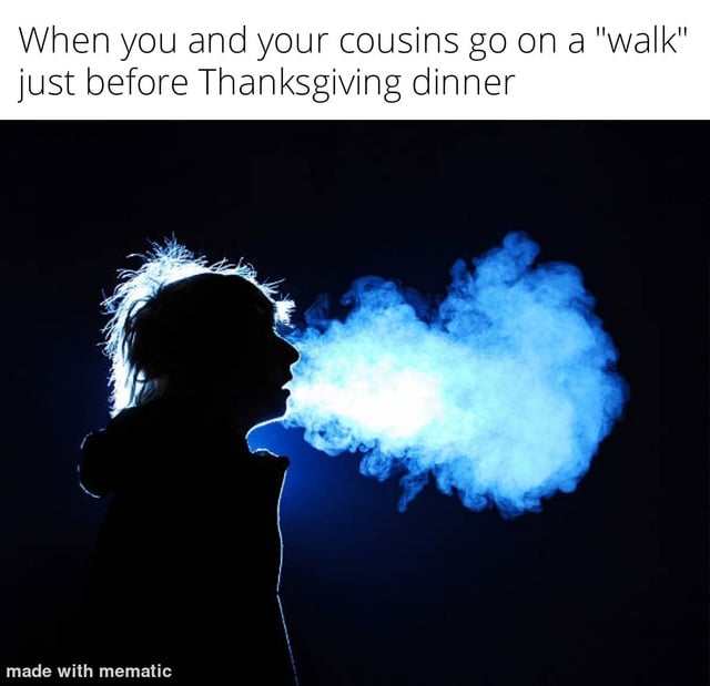 A meme consisting of a top text overlay and a silhouette image. The top text reads: 'When you and your cousins go on a 'walk' just before Thanksgiving dinner'. Below the text is a dark background image featuring a silhouette of a person blowing a large, dense cloud of blue-tinted smoke. The humor stems from the implied euphemism, suggesting the 'walk' is not innocent but rather an excuse for the cousins to smoke (likely marijuana) before the family Thanksgiving meal, playing on the relatable trope of sneaking away from family gatherings.