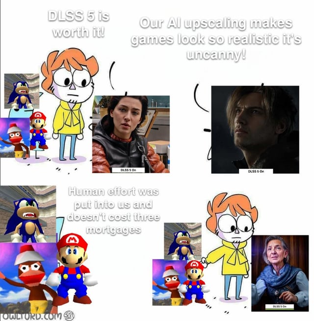 This satirical four-panel meme critiques the overhyped, costly nature of next-gen AI game upscaling (referred to as fictional DLSS 5). The top panels show a cartoon character in a yellow hoodie reacting to uncanny, AI-generated human faces (including a distorted Leon Kennedy from *Resident Evil*) with sarcastic captions praising the "uncanny realism" of the tech. The bottom panels contrast this with classic 3D game characters (Mario, Sonic the Hedgehog, and a Pipo Monkey from *Ape Escape*), who have handcrafted, genuine designs. The caption for these characters reads: "Human effort was put into us and doesn't cost three mortgages," mocking the high cost and hollow promise of AI upscaling compared to the accessible, authentic work of traditional game development. The final panel shows the hooded character relieved, holding hands with the classic characters, next to another uncanny AI face labeled "DLSS 5 On."
