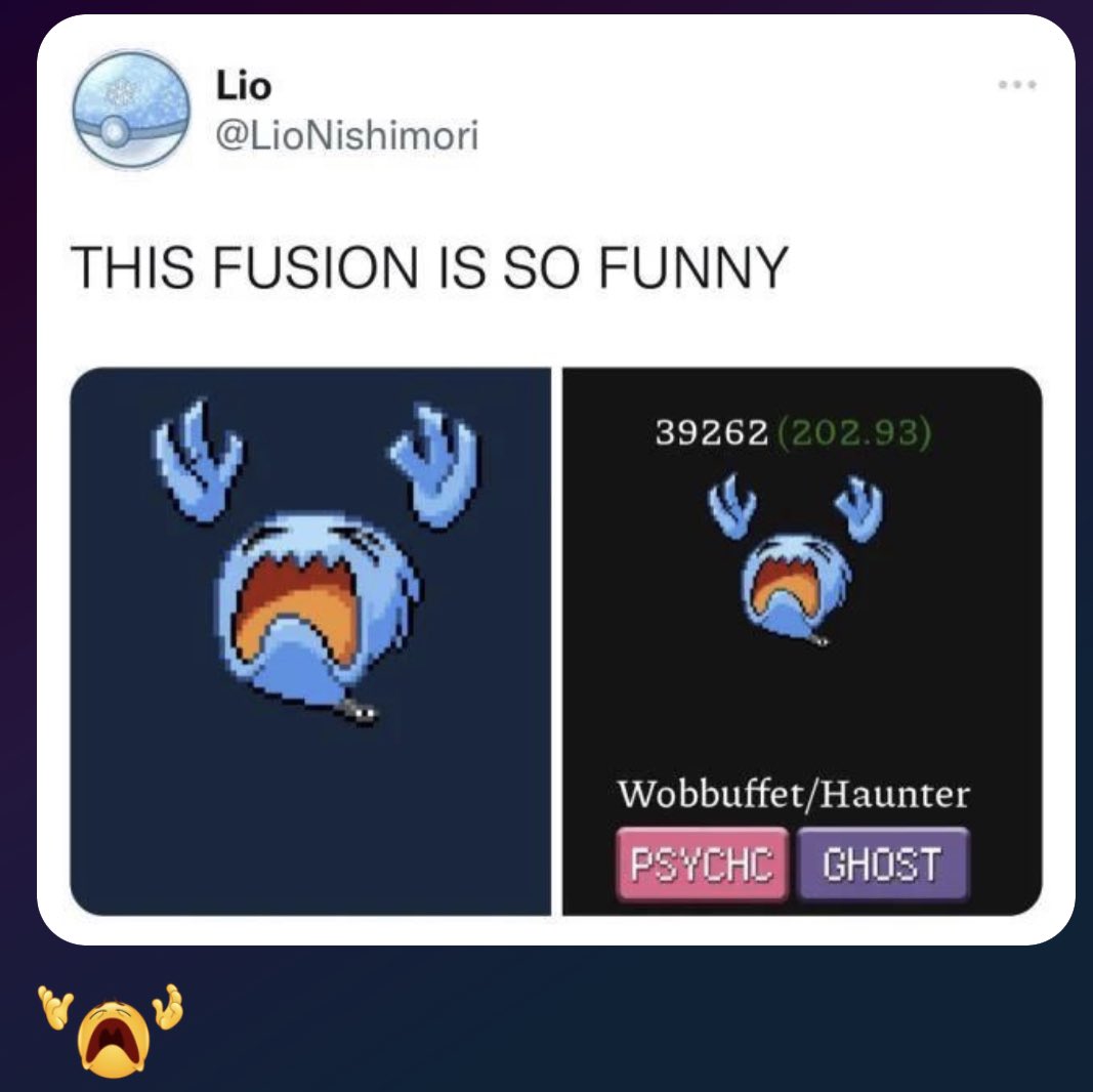 This image is a screenshot of an X (Twitter) post showing a comedic custom Pokemon fusion. The post by user Lio @LioNishimori is captioned 'THIS FUSION IS SO FUNNY'. Two side-by-side images are included: the left is a close-up pixel art of the fusion between Pokemon Wobbuffet and Haunter, which has Wobbuffet's wide open screaming face, light blue color, and Haunter's floating disembodied hand appendages raised in the air. The right panel displays the same fusion in a game UI, with an ID number 39262 (202.93) above it, labeled 'Wobbuffet/Haunter', with Psychic (misspelled as PSYCHC) and Ghost type indicators below. A small reaction emoji at the bottom left of the entire image mimics the fusion's pose, showing a yellow face screaming with both hands raised upwards. The joke relies on the unexpectedly silly, over-the-top expressive design of the combined Pokemon.