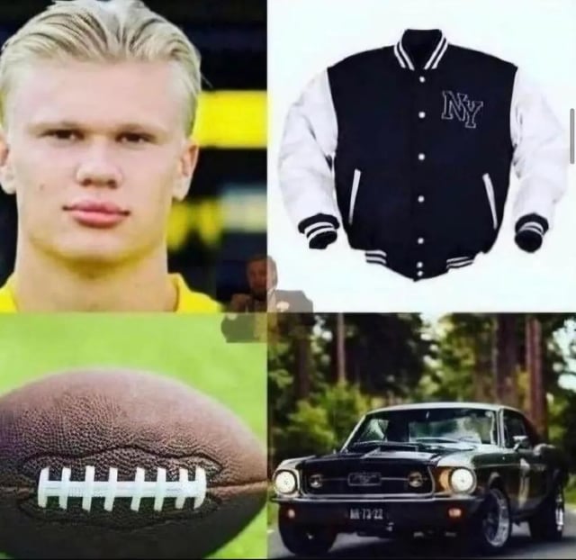 This meme uses the popular starter pack collage format to illustrate common widely-recognized stereotypes of the popular jock bully character that appears frequently in American high school themed films. The 4 grid panels include: a headshot of professional footballer Erling Haaland, whose tall, blond, athletic look matches the standard physical appearance of this character trope; a black and white 'NY' embroidered varsity letterman jacket, the iconic clothing worn by high school jock characters; an American football, referencing the bully's typical position as a member of the school football team; and a classic Ford Mustang muscle car, the stereotypical vehicle owned by this privileged, popular bully character type.