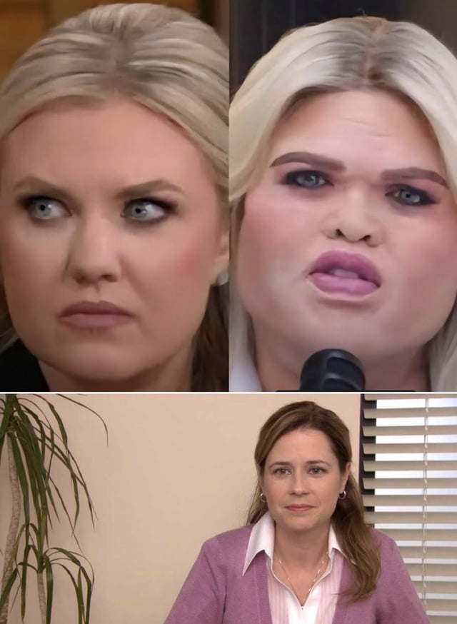This is a three-panel reaction meme. The top-left panel shows a normal portrait of public figure Lauren Southern with a skeptical expression. The top-right panel shows a badly over-edited version of another photo of her, with drastically overdone beauty editing: oversized lips, heavy blush, overdrawn eyebrows, and an uncanny distorted look, as she speaks into a microphone. The bottom panel shows Jenna Fischer (known for playing Pam Beesly on *The Office (US)*) with a neutral, unimpressed expression reacting to the bad edit. The meme jokes about a poorly done AI or automatic beauty edit that was sent by a corporate marketing or design team, mocking how low-quality and overdone corporate editing tools often are.