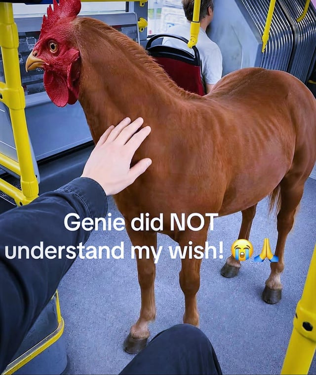 This is a surreal edited meme image set inside a public bus. It features a fictional hybrid creature with the full body of a brown horse and the head of a red rooster standing on the bus floor. A person's outstretched hand is seen petting the creature's neck. Overlaid text on the image reads "Genie did NOT understand my wish!" paired with a crying face emoji and folded praying hands emoji. The core joke relies on the common genie wish misinterpretation trope, implying the person made a wish that the genie took far too literally, resulting in this absurd cross-species creature, likely referencing a pun on a colloquial phrase that combines references to roosters and horses.