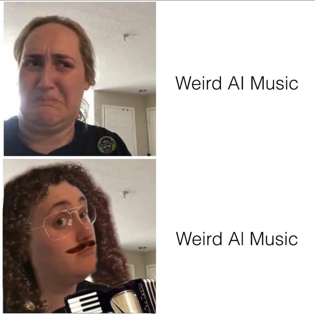 A two-panel meme comparing reactions to 'Weird AI Music'. The top panel shows a person with a displeased, frowning expression standing in a room with white doors and a ceiling, with the text 'Weird AI Music' to the right. The bottom panel shows another person with curly hair, glasses, a fake mustache, and holding an accordion, appearing amused and playful, with the same 'Weird AI Music' text. The joke is a pun on 'Weird Al' Yankovic (a real musician known for parodies), contrasting AI-generated music (disliked) with the 'original' Weird Al (humorously presented as better).