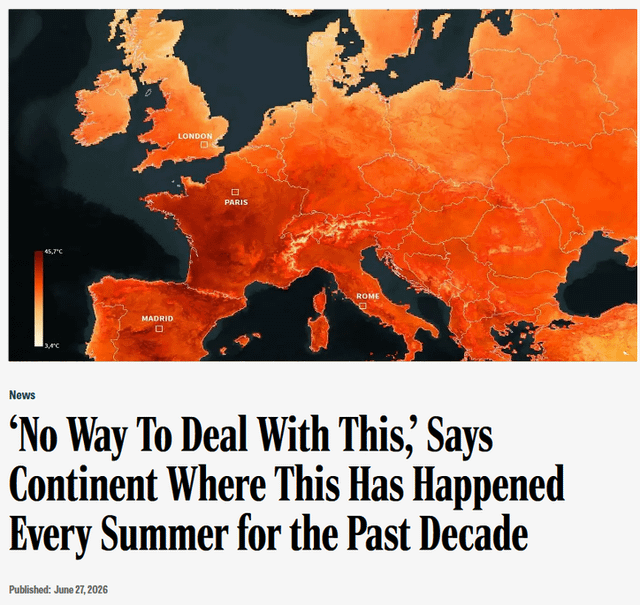 This satirical meme is split into two sections: the top part is a heatmap of Europe showing extreme summer high temperatures, shaded from bright orange to deep red, with a temperature scale ranging from 34°C to 46.7°C, and major cities London, Paris, Madrid, and Rome marked. The bottom section is styled as a news piece with the headline: 'No Way To Deal With This,' Says Continent Where This Has Happened Every Summer for the Past Decade, listed as published June 27, 2026 under the News category. The joke criticizes the lack of preparation and mitigation action from European governments against recurring extreme summer heatwaves linked to climate change, highlighting that authorities still claim no solutions exist even though these heat events have occurred annually for over 10 years.