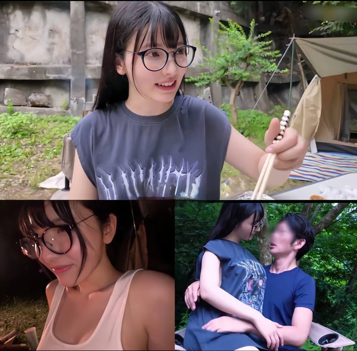 A collage of three holiday camping scenes. The top panel shows a woman with long black hair, glasses, and a gray graphic t-shirt holding chopsticks, standing outdoors with a camping tent, trees, and greenery in the background. The bottom left panel is a close-up of the same woman wearing a light-colored tank top, smiling softly. The bottom right panel features the woman sitting next to a man with short black hair (face blurred), who has his arm around her; they are outdoors surrounded by trees, with the woman wearing a blue graphic t-shirt.