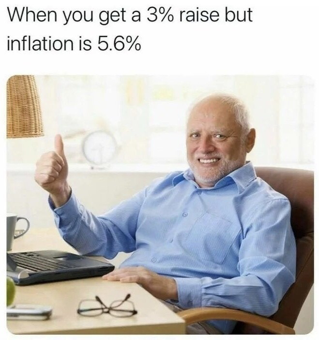 This is a single-panel sarcastic meme. Text at the top reads "When you get a 3% raise but inflation is 5.6%". Below the text is the well-known "Hide the Pain Harold" stock photo: an older white man with white hair and a white beard, wearing a light blue button-up shirt, sitting at an office desk that has a laptop, eyeglasses, and a coffee mug on it. He gives a thumbs up with a wide, forced-looking cheerful grin. The joke uses the iconic sarcastic Harold template to illustrate that a 3% raise is effectively a pay cut when adjusted for 5.6% inflation, so the positive gesture is ironic, representing the act of pretending to be happy about disappointing financial news.