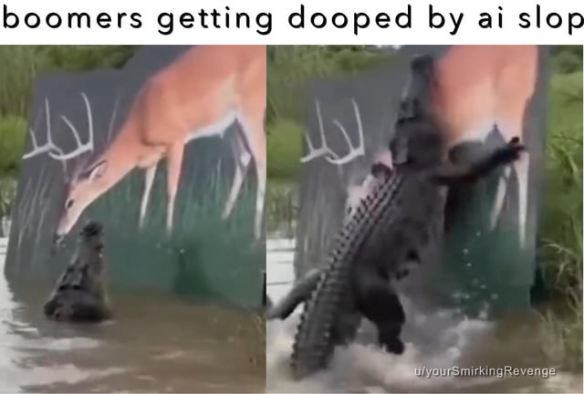 This is a two-panel meme that jokes that older generations (referred to as 'boomers') are easily fooled by low-quality, flawed AI generated content (called 'AI slop'). The first panel shows an alligator partially submerged in shallow water approaching a large deer hunting target cutout poster. The second panel reveals an obvious AI generation error: the alligator has incorrectly merged with the deer poster, turning into a bizarre bipedal half-alligator creature climbing the poster. The meme pokes fun at the idea that some people will not notice the obvious AI glitch and accept the bad AI image as real.