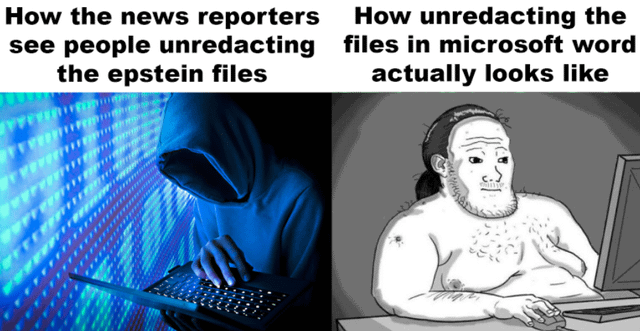 A two-panel meme contrasting the dramatic perception of unredacting Epstein files versus the mundane reality. The left panel, labeled 'How the news reporters see people unredacting the epstein files,' features a hooded figure typing on a laptop with a blue matrix-style code background, evoking a mysterious hacker aesthetic. The right panel, labeled 'How unredacting the files in microsoft word actually looks like,' shows a shirtless, bearded man casually using a desktop computer with a mouse, presenting an ordinary, unglamorous scene. The meme humorously highlights the discrepancy between media sensationalism and the actual simplicity of unredacting text in Microsoft Word.