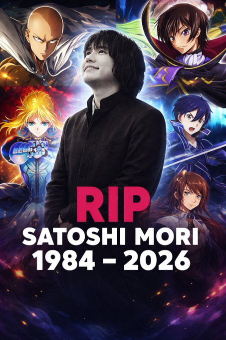 This is a commemorative collage image created to honor Satoshi Mori, who passed away in 2026. At the center is a photograph of Satoshi Mori, a real person, wearing a dark black shirt and looking upward with a soft smile. Surrounding him are five iconic anime characters from popular Japanese series: Saitama from *One-Punch Man* (top left, serious expression, cape draped over shoulders), Lelouch Lamperouge from *Code Geass* (top right, confident smirk, in his Zero outfit), Saber (Artoria Pendragon) from *Fate/Stay Night* (bottom left, determined look, in her knight armor ready for combat), Kirito (Kazuto Kirigaya) from *Sword Art Online* (middle right, intense shocked expression, holding a sword), and an unidentified female anime character (bottom right, calm expression, casual outfit). Overlaid on the central figure is bold pink text "RIP", with white text below reading "SATOSHI MORI 1984 - 2026". The background features a dynamic, cosmic-style gradient with glowing purple and orange accents, creating a solemn yet celebratory tone that merges the real person with his beloved (or associated) anime characters.