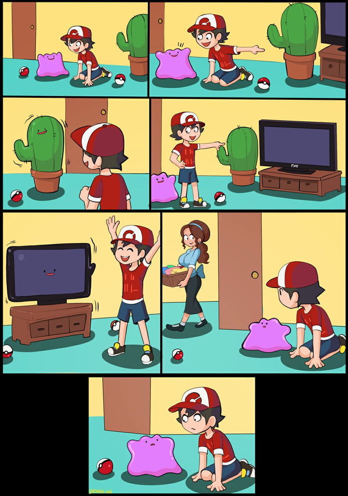 This 7-panel comedic fan comic based on the Pokemon franchise follows protagonist Ash Ketchum as he tests the shape-shifting abilities of his Ditto, a purple amorphous Pokemon. In the first panels, Ash commands Ditto to transform: Ditto first perfectly mimics a potted cactus in the room, then copies the living room television, impressing Ash who cheers excitedly. When Ash's mother walks into the room carrying a laundry basket, Ash turns back to look at his Ditto, only to find it is still in its original purple blob form. The implied punchline is that the woman who just entered the room is actually Ditto transformed into Ash's mother, making Ditto unexpectedly perfect at copying even human characters, which is why it is referenced as the best Pokemon.