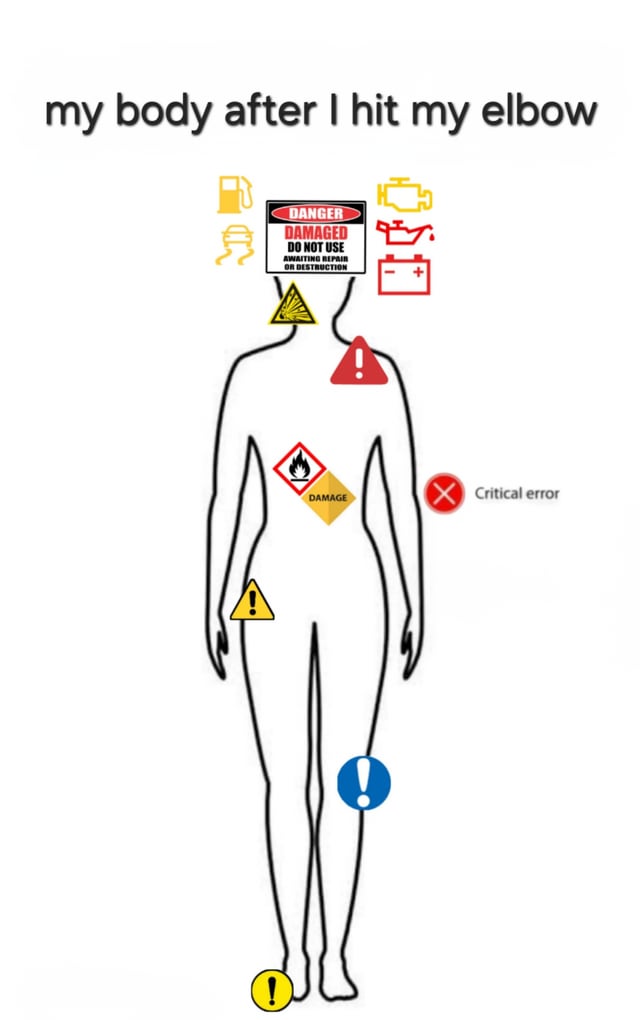 An illustration of a stick figure representing a human body covered in various colorful warning signs and symbols, humorously exaggerating the physical reaction to hitting one's elbow. The top of the image displays the text 'my body after I hit my elbow'. Overlaid on the stick figure are multiple warning elements, including a red 'DANGER DAMAGED DO NOT USE' sign on the head, yellow caution triangles, a red 'Critical error' label on the right side, a yellow 'DAMAGE' sign with a flame icon on the torso, and various exclamation marks and symbols suggesting system malfunctions or hazards, implying the body is 'malfunctioning' due to the elbow impact.