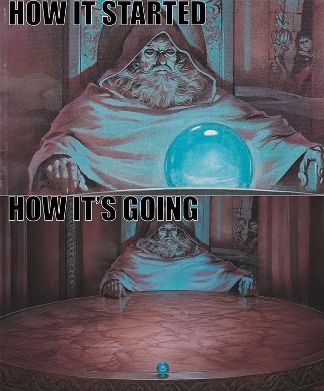 This is a two-panel comparative meme. The top panel, labeled 'HOW IT STARTED', depicts a serious, bearded hooded wizard sitting behind a large glowing blue crystal scrying orb, prepared to ponder or scry using the orb. The bottom panel, labeled 'HOW IT'S GOING', shows the same wizard looking frustrated at his now empty table, with only a tiny marble-sized blue orb sitting at the very edge of the table, highlighting that the wizard's orb pondering activity has failed catastrophically, with the once-grand orb reduced to a uselessly small size.