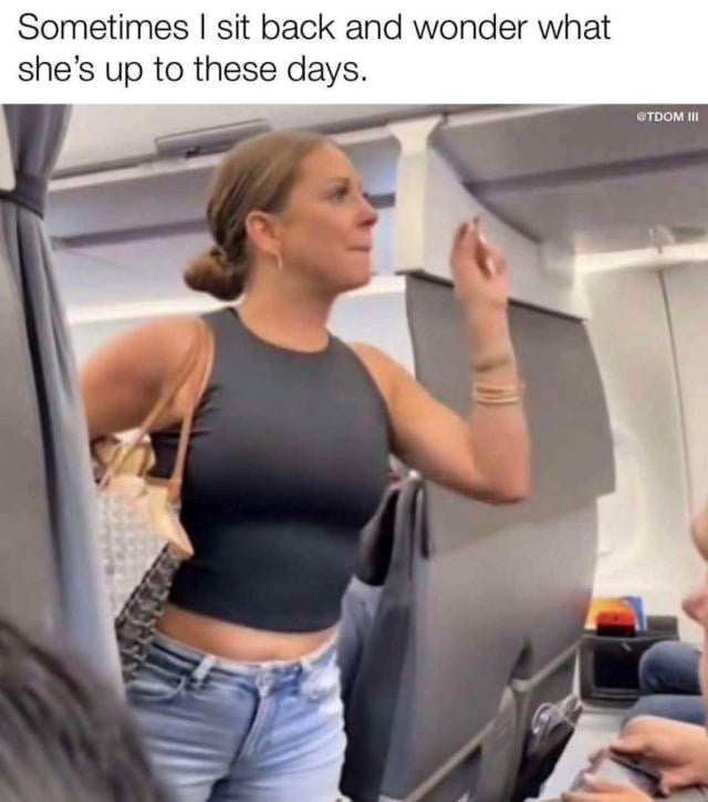 The image depicts a woman standing inside an airplane cabin. She is wearing a black sleeveless top and light blue jeans, with a patterned handbag slung over her left shoulder. Her right hand is raised in a gesturing motion, and she appears to be looking towards the overhead compartment. At the top of the image, there is a text overlay that reads: 'Sometimes I sit back and wonder what she's up to these days.' A watermark '@TDOM III' is visible in the top right corner. The scene conveys a casual, candid moment in a travel setting, with the text adding a reflective or curious narrative about the woman's current activities.