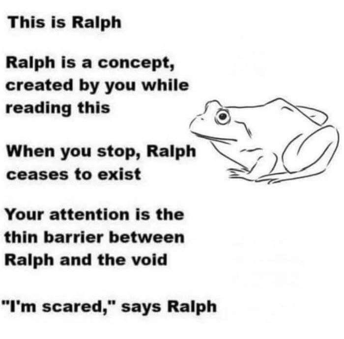 The meme uses a plain white background, with a simple black line drawing of a frog on the right side facing left. Bold left-aligned text on the left introduces the frog as Ralph, explains that Ralph is a temporary concept that only exists while the viewer is reading the text, states the viewer's attention is the only barrier between Ralph and ceasing to exist, and ends with Ralph saying he is scared. It is a self-referential humorous joke that plays with the concept of fictional entities only existing in the perception of people engaging with them, for a lighthearted slightly unnerving effect.