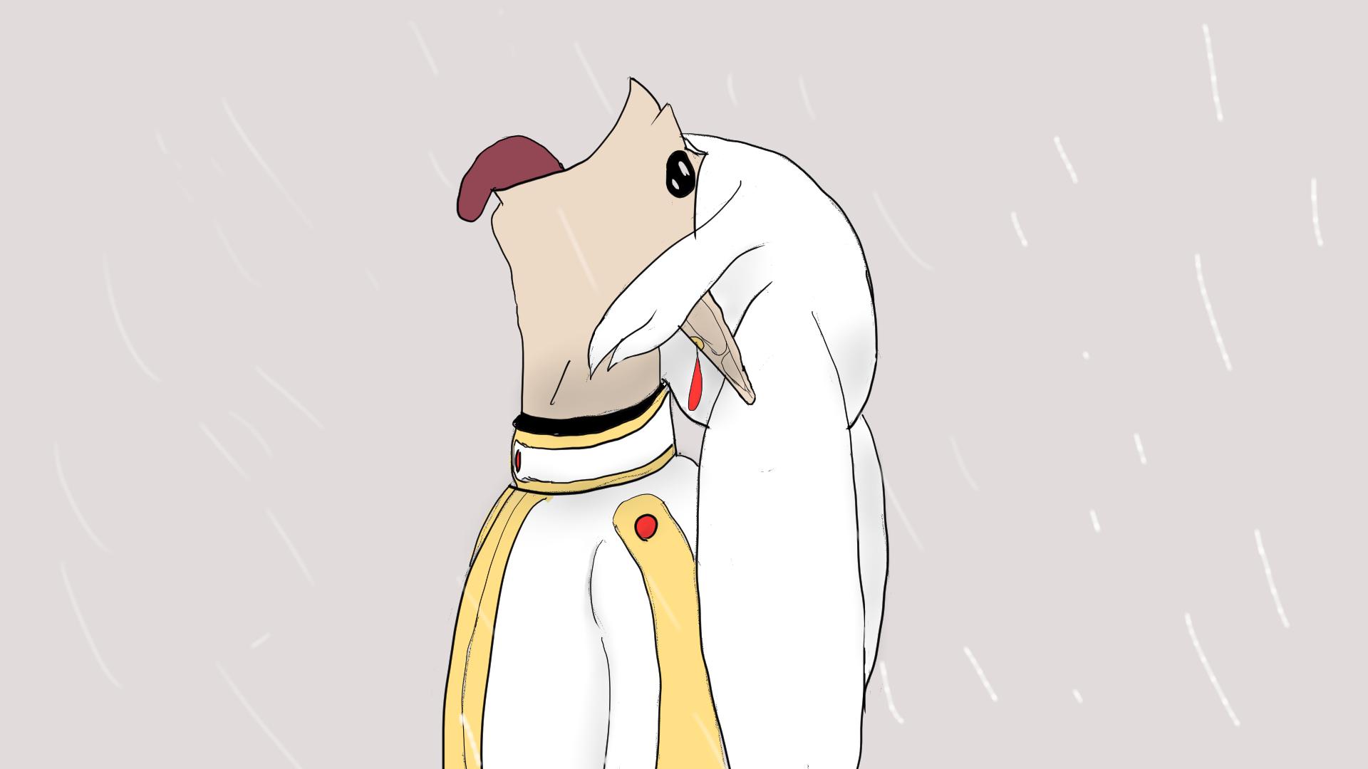 An animated illustration depicting two characters in a close embrace. The character being embraced wears a white outfit with gold accents, a black collar, and a red button on the shoulder. The embracing character is entirely white with a smooth, featureless appearance. A single red drop, possibly blood, is visible near the neck of the embraced character. The background is a plain light gray with subtle diagonal white lines, creating a sense of atmosphere. The scene conveys a serious or emotional tone, enhanced by the presence of the red drop suggesting potential injury or distress.