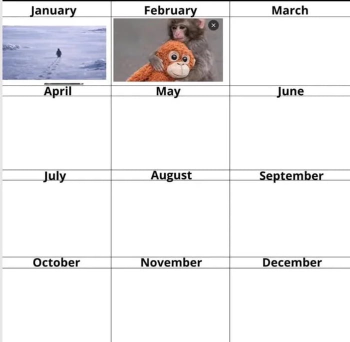 This image is a 12-month grid meme template organized in a calendar-style layout with four rows (one per quarter). The January cell contains a photo of a person walking alone across a vast, snowy, icy landscape, evoking feelings of cold, solitude, and the quiet start of the year. The February cell features a real Japanese macaque monkey hugging a plush toy monkey, referencing the viral 'Comfort Monkey' meme that conveys coziness, comfort, or finding solace during the still-chilly winter month. All other cells (March through December) are completely blank, designed for users to add their own custom images, jokes, or references that correspond to each month's unique experiences, seasonal vibes, or personal milestones. The template leverages relatable seasonal emotions and a popular wholesome meme to create a customizable format for sharing yearly narratives.