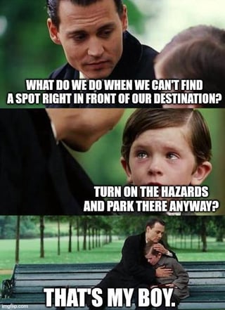 A meme image utilizing a scene from the film 'The Godfather,' featuring an adult male and a child. The adult poses a question about找不到停车位的情况, to which the child responds with a humorous solution involving parking with hazards. The adult then affectionately hugs the child, approving the response. The joke satirizes a common urban (specifically Baltimore-referenced) practice of illegal parking using hazard lights. The image includes a watermark from 'imgflip.com' at the bottom left.