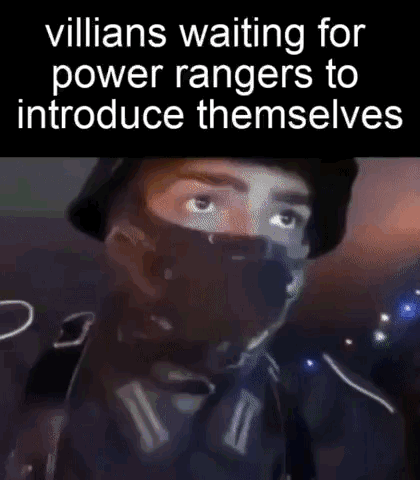This meme features a white text overlay on a black top bar that reads (with a typo) 'villians waiting for power rangers to introduce themselves', placed above a low-resolution image of a man wearing a black beanie, black face mask, and Adidas branded track jacket, staring intently wide-eyed off camera. The humor comes from referencing the long-running trope in the Power Rangers franchise where the heroic team always spends time introducing themselves and reciting their group catchphrase before engaging in battle, requiring villains to patiently wait for the sequence to end before fighting, which the focused, expectant stare of the person in the image perfectly encapsulates.