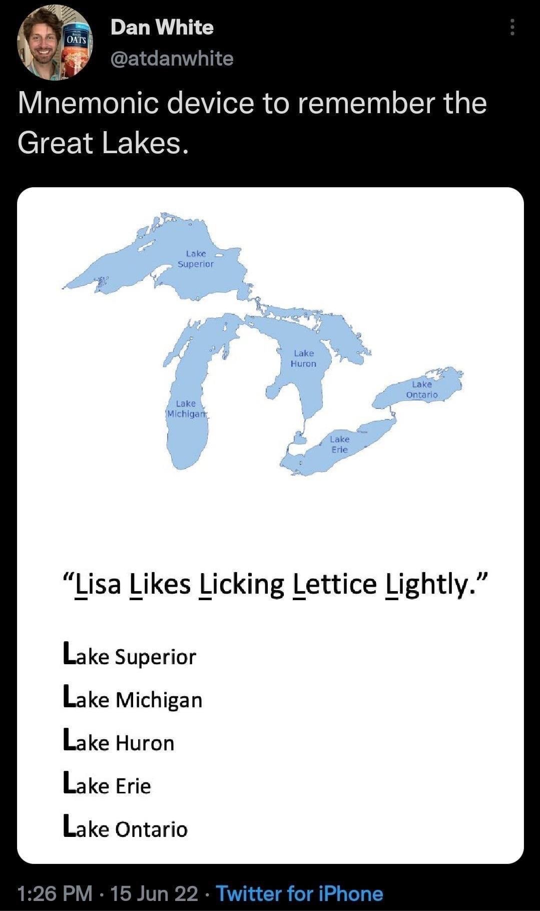 This is a screenshot of a public Twitter/X post featuring a humorous mnemonic device for remembering the five Great Lakes of North America. The top of the post shows the poster's profile, followed by a labeled map of the Great Lakes (Lake Superior, Lake Michigan, Lake Huron, Lake Erie, Lake Ontario). Below the map, an alliterative nonsense sentence 'Lisa Likes Licking Lettice Lightly' is presented, where each word starts with the letter L, matching the first letter of each listed Great Lake name below the sentence. The joke derives from the silly, slightly suggestive phrasing of the mnemonic, which is intentionally more memorable than the standard 'HOMES' acronym mnemonic for the Great Lakes.
